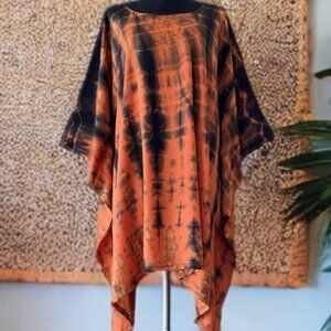 Coral Blue Hand Tie Dyed Dolman Sleeve Cover Up Poncho Top (#25)